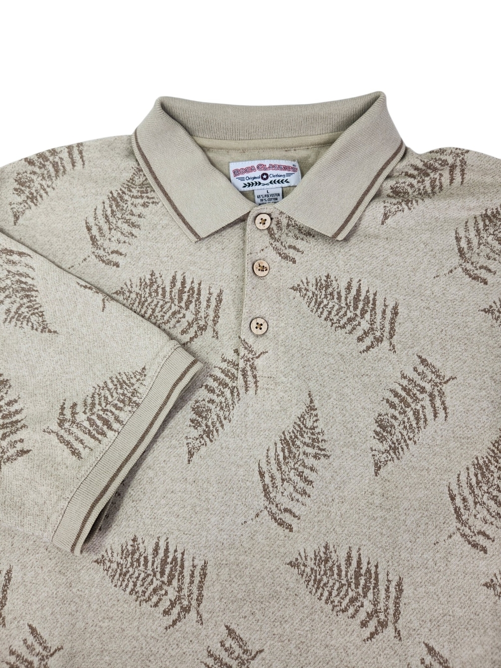 Vintage Boca Classics Knit Polo Shirt Large Beige Fern Leaf Print Resort Casual - Picture 7 of 12